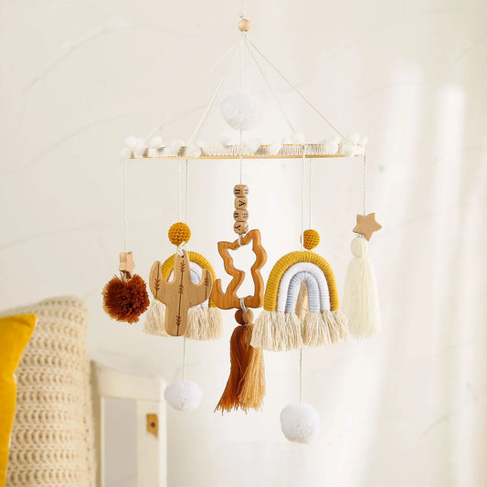 Dreamy Harmony Baby Mobile - Wood & Crochet - Boho Desert & Rainbows